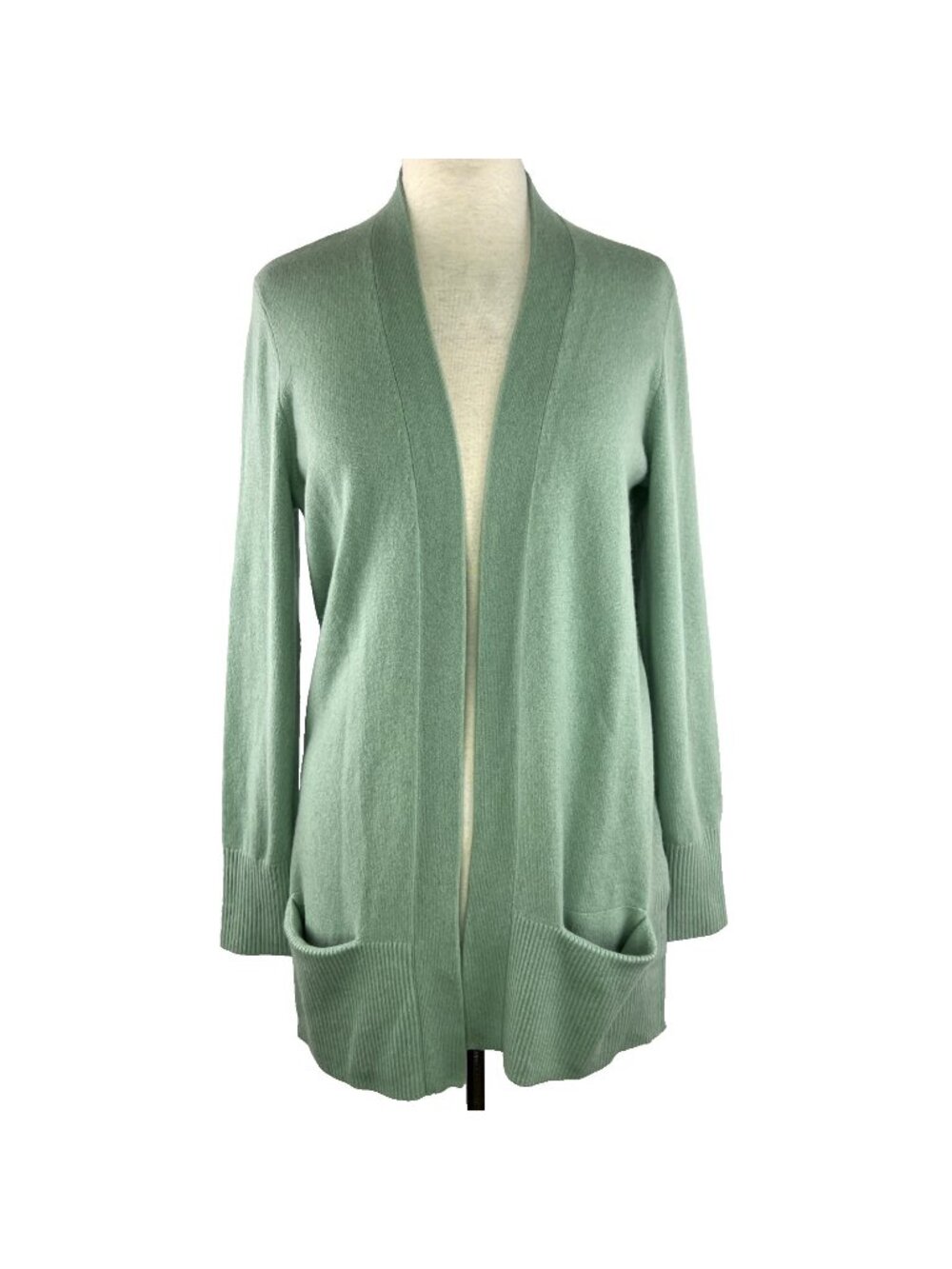 LL Bean Size M 100% Cashmere Cardigan Light Green Long Pockets Side Open Front
